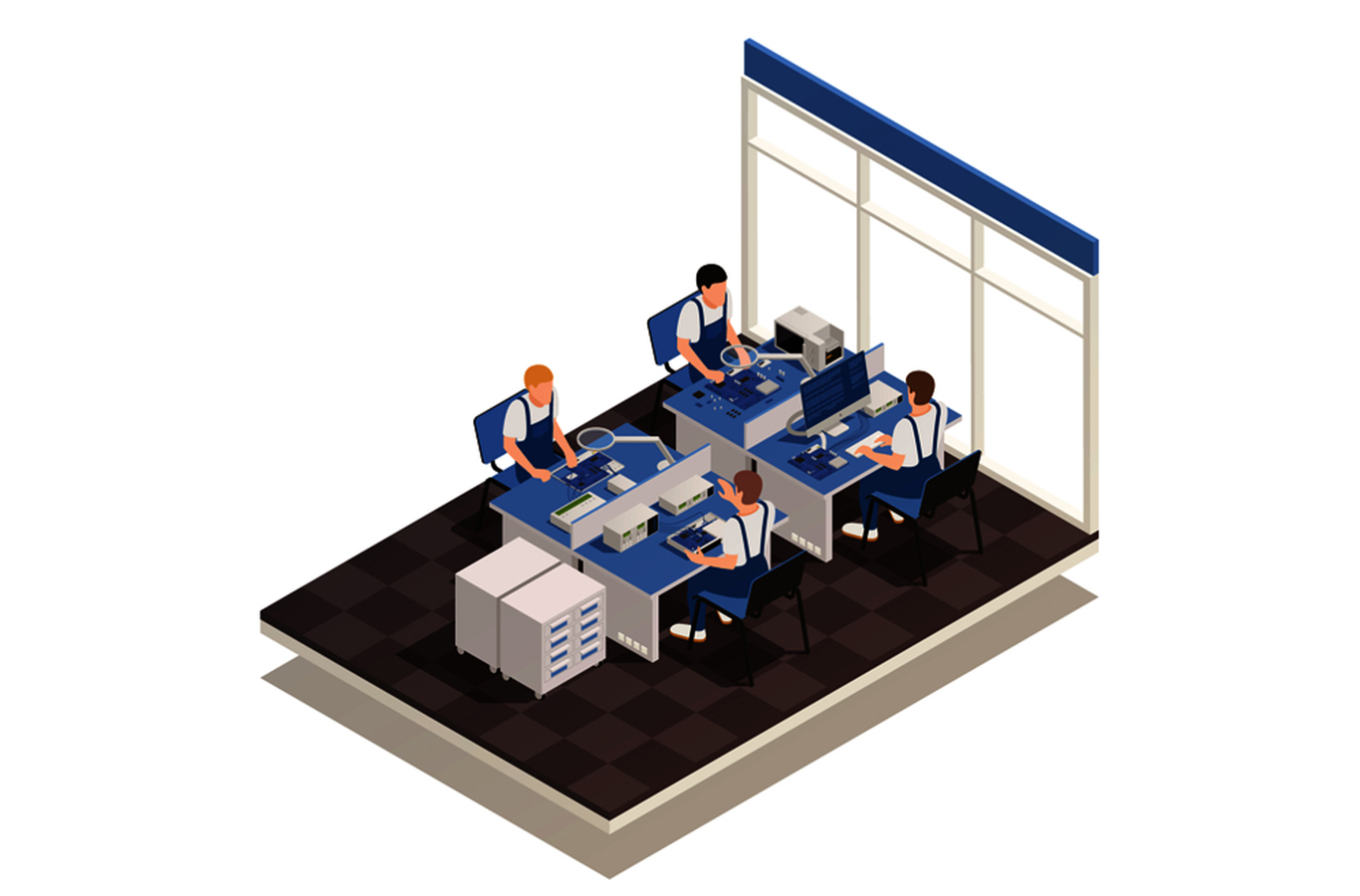 Warranty service isometric vector illustration with expert group in office interior working with damage devices at their work place